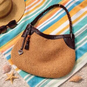 Brighton VTG Rafia-Brown Leather Coastal Resort Style Shoulder Bag Braided Strap